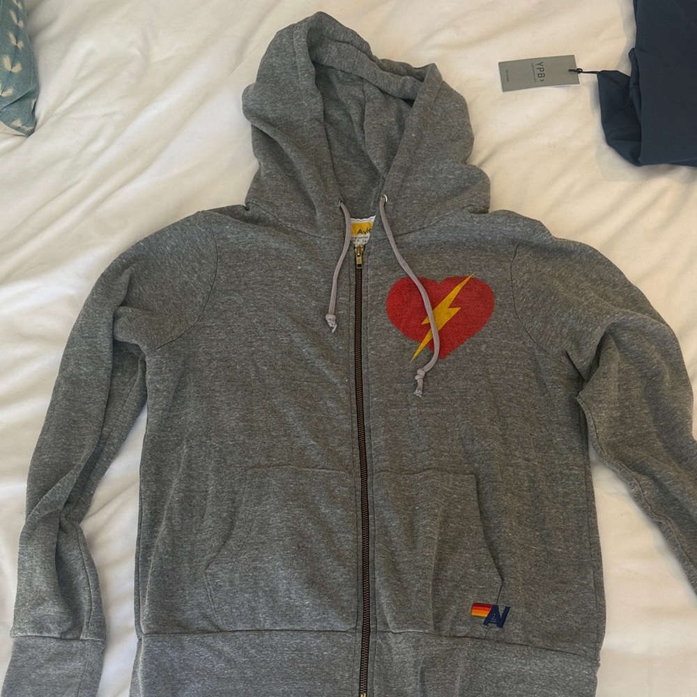 Aviator Nation Gray Zip Hoodie with Red Lightning Heart